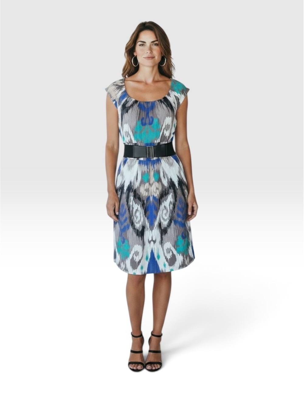 Max & Cleo "Shandra" Ikat Print Belted Sheath Dress Size 12 Blue Gray